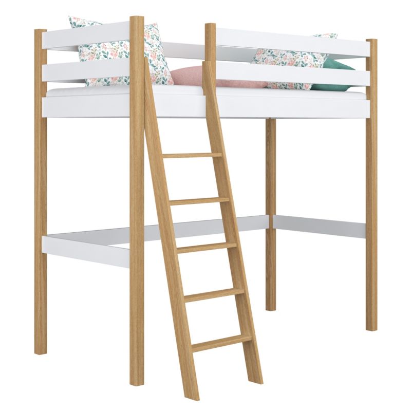 Drewniane łóżko na antresoli N-WOOD N03 90x190 biały / dąb naturalny 1 szt.