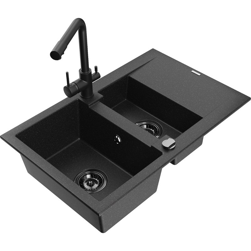 Zlewozmywak granitowy 1.5-komorowy Mexen Gaspar z ociekaczem i baterią kuchenną Duero czarny/złoty - 6507-75-671600-70-B 1 szt.