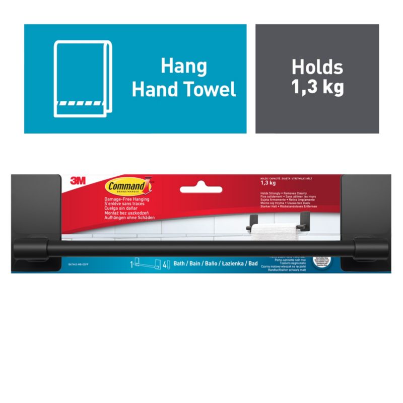 Wieszak na ręcznik 3M Command , czarny mat, bez wiercenia, 4 paski wodoodporne, 1 szt.