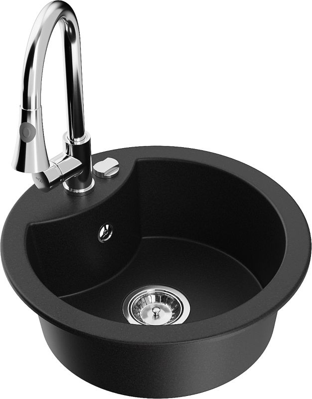 Zlewozmywak granitowy Mexen Diego 1-komorowy z baterią kuchenną Elia czarny 6512-77-670101-00