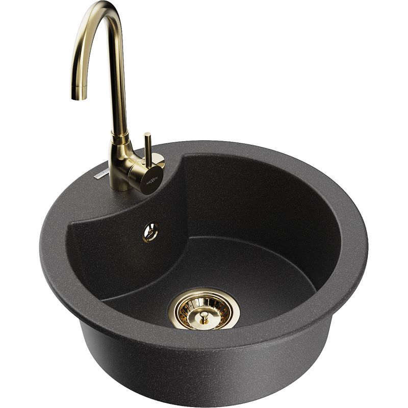 Zlewozmywak granitowy 1-komorowy Mexen Diego z baterią kuchenną Telma czarny nakrapiany - 6512-76-670200-76 1 szt.