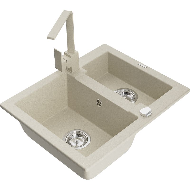 Zlewozmywak granitowy 1.5-komorowy Mexen Carlos z baterią kuchenną Rita beżowy 6518-69-670300-69