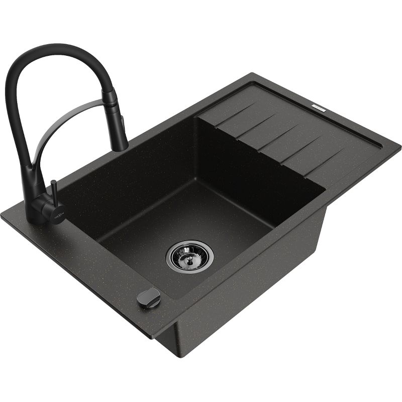 Zlewozmywak granitowy 1-komorowy Mexen Elias z ociekaczem i baterią kuchenną Aster szary - 6511-71-73450-70-B 1 szt.