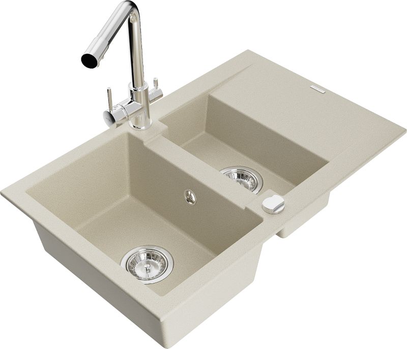 Zlewozmywak granitowy Mexen Gaspar 1,5-komorowy z ociekaczem i baterią kuchenną Duero beżowy 6507-69-671600-00