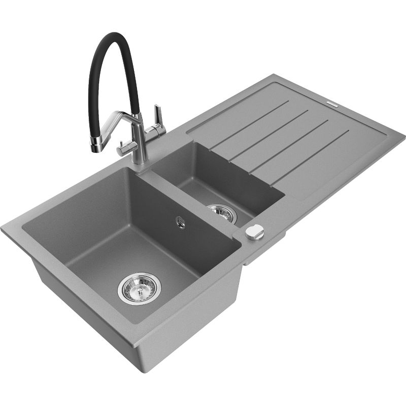Zlewozmywak granitowy 1.5-komorowy Mexen Andres z ociekaczem i baterią kuchenną Duo szary 6515-71-671701-07