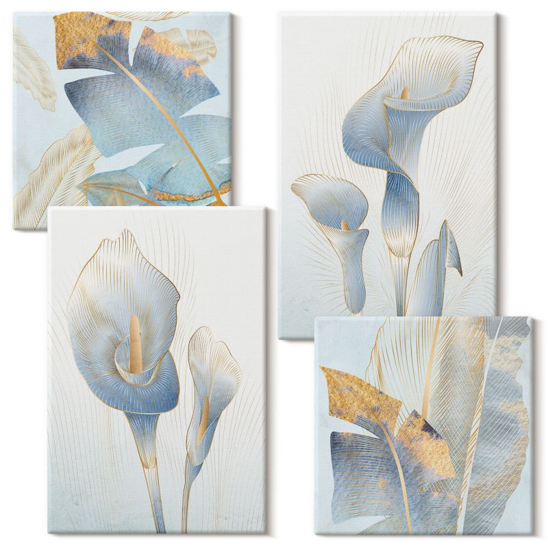 Kolekcja Obrazów Na Płótnie Wallfluent Błękitne kwiaty na tle 4 szt.