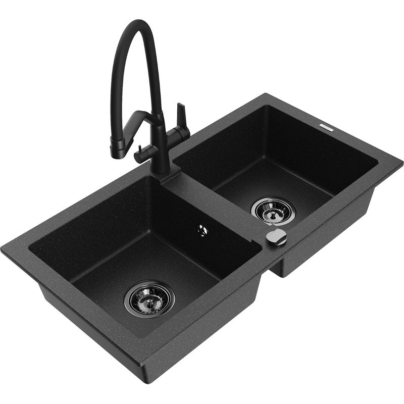 Zlewozmywak granitowy 2-komorowy Mexen Mario z baterią kuchenną Duo czarny/złoty metalik - 6504-75-671701-70-B 1 szt.