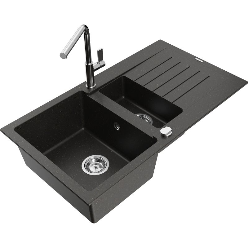 Zlewozmywak granitowy 1.5-komorowy Mexen Matias z ociekaczem i baterią kuchenną Flora czarny/złoty metalik 6502-75-670401-00