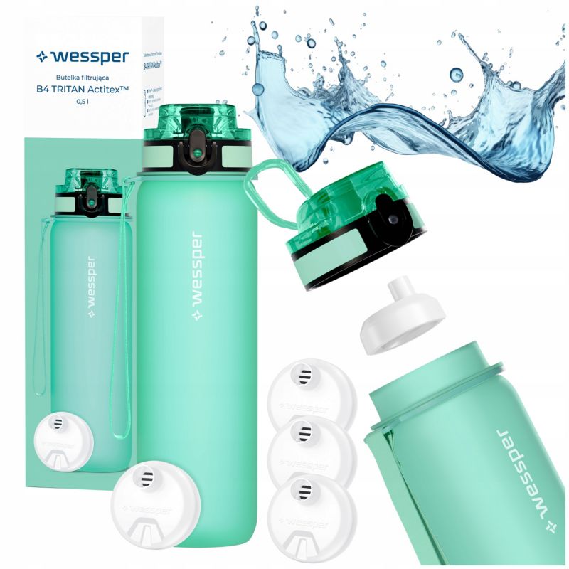 Butelka na wodę, Wessper, filtrująca, tritanowa, bidon + 4x filtr wody, bez BPA, 500ml, B4 TRITAN Actitex, miętowa, 5szt