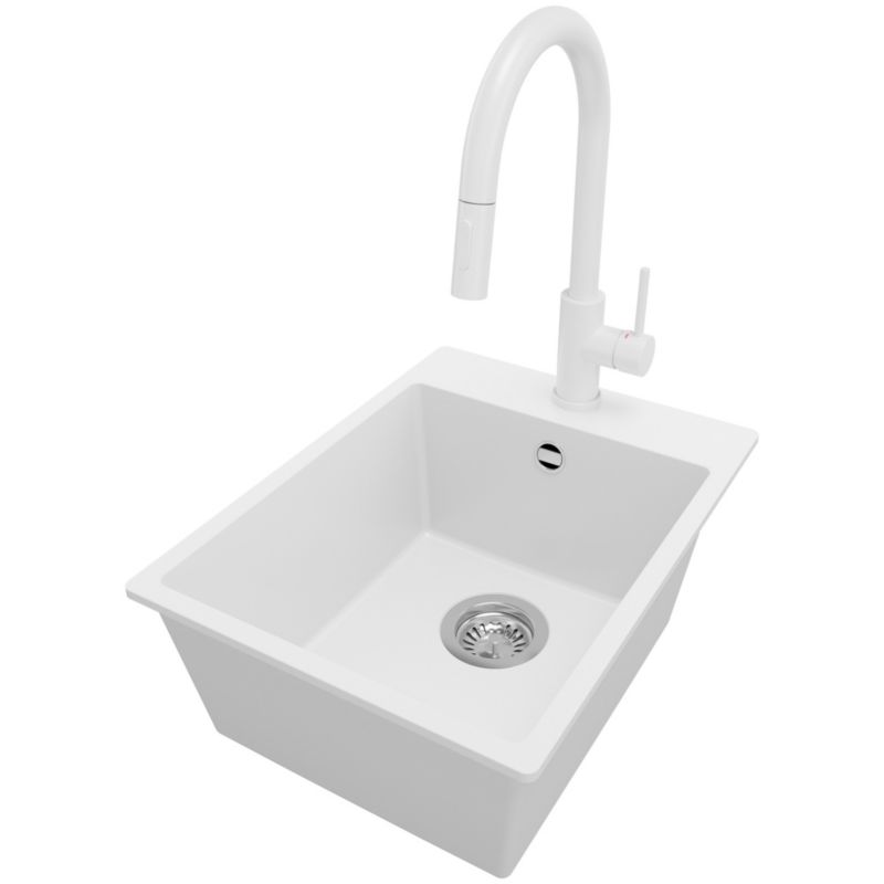 Zlewozmywak Granitowy Ryga PRIMAGRAN Nablatowy 38x50cm do szafki od 40cm, Biały + Bateria 40x20cm + Syfon, S055, 1 szt.