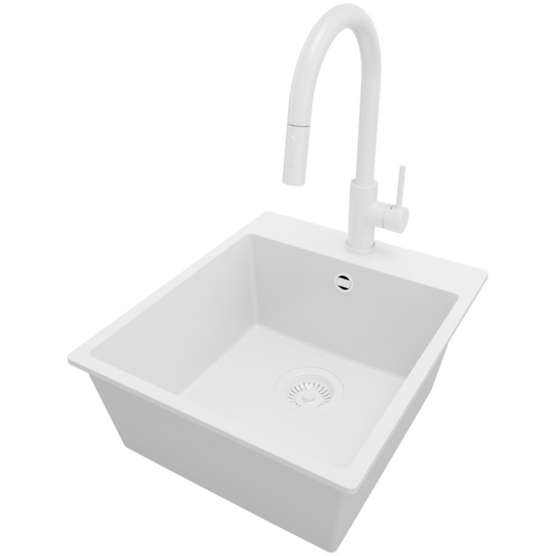 Zlewozmywak Granitowy Ryga PRIMAGRAN Nablatowy 43x50cm do szafki od 45cm, Cały Biały + Bateria 40x20cm + Syfon, S146, 1 szt.