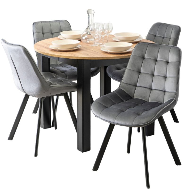 Zestaw Mebel Elite Stół Okrągły Rozkładany z Krzesło 4x Tapicerowane Szare Welurowe 1 szt