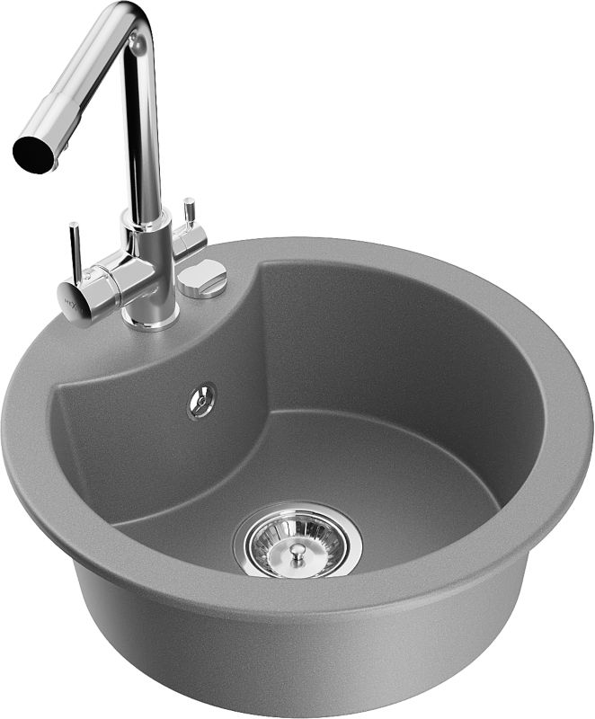 Zlewozmywak granitowy Mexen Diego 1-komorowy z baterią kuchenną Duero szary 6512-71-671600-00