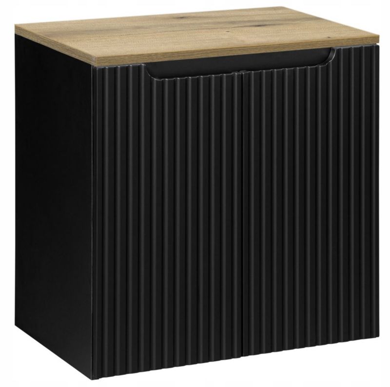 Szafka pod Umywalkę Furnidea 60 cm Wisząca z Blatem Dąb Czarna Ryflowane Fronty 2 Drzwi 1 szt.