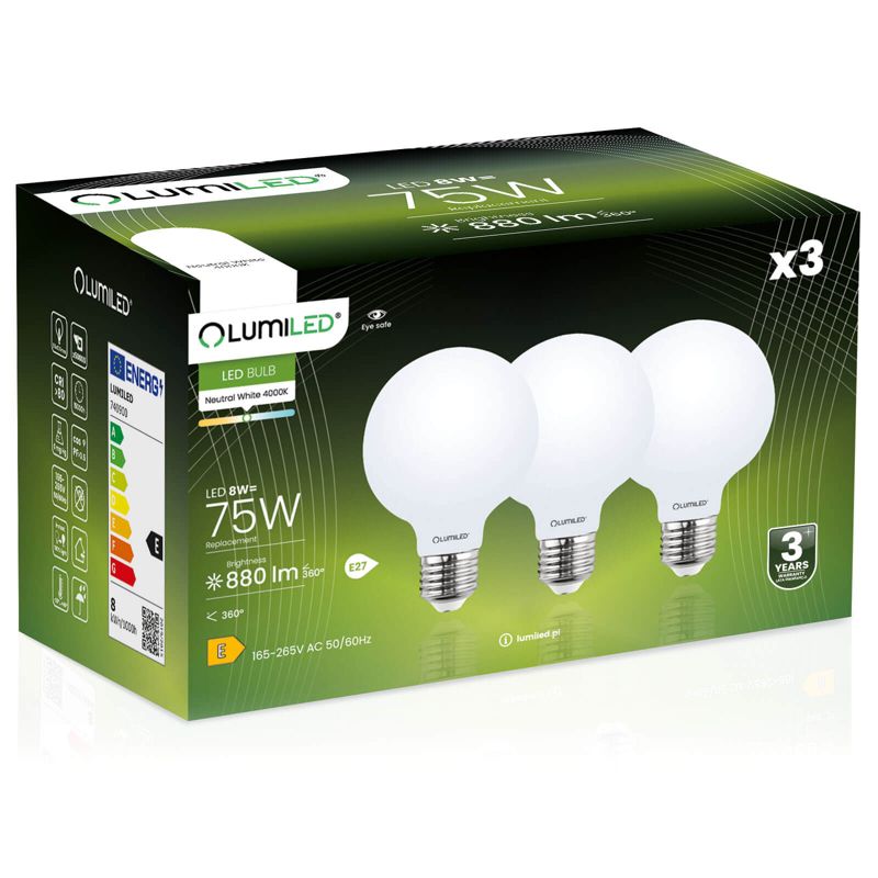 Żarówka LED LUMILED E27 G95 8W 880lm 4000K 360st FILAMENT 3 szt.