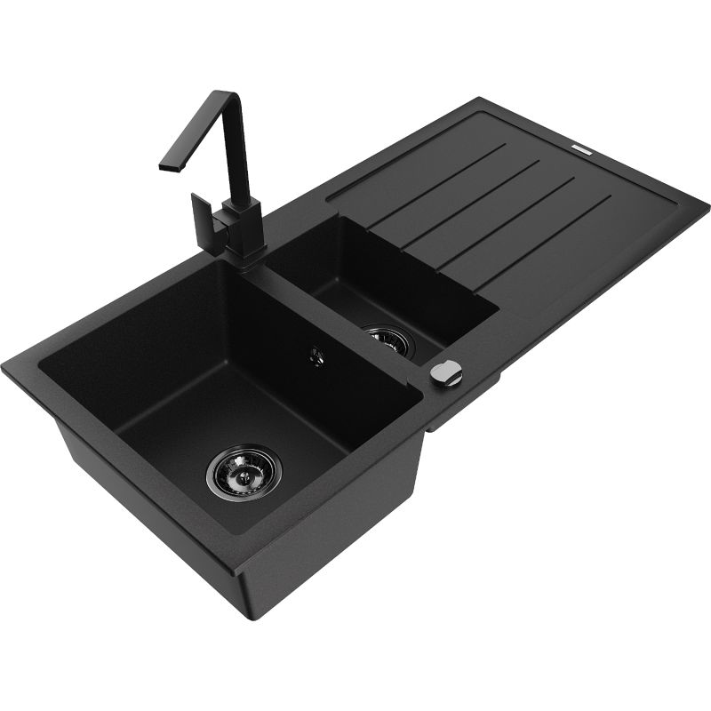 Zlewozmywak granitowy 1.5-komorowy Mexen Andres z ociekaczem i baterią kuchenną Rita czarny - 6515-77-670300-70 1 szt.