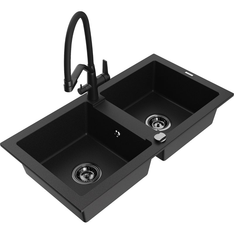 Zlewozmywak granitowy 2-komorowy Mexen Mario z baterią kuchenną Duo czarny - 6504-77-671701-07-B 1 szt.