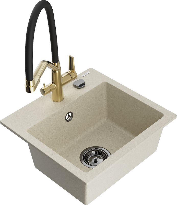 Zlewozmywak granitowy Mexen Milo 1-komorowy z baterią kuchenną Duo biały - 6505-20-671701-57-B 1 szt.