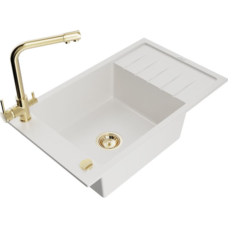 Zlewozmywak granitowy 1-komorowy Mexen Elias z ociekaczem i baterią kuchenną Duero biały 6511-20-671600-50