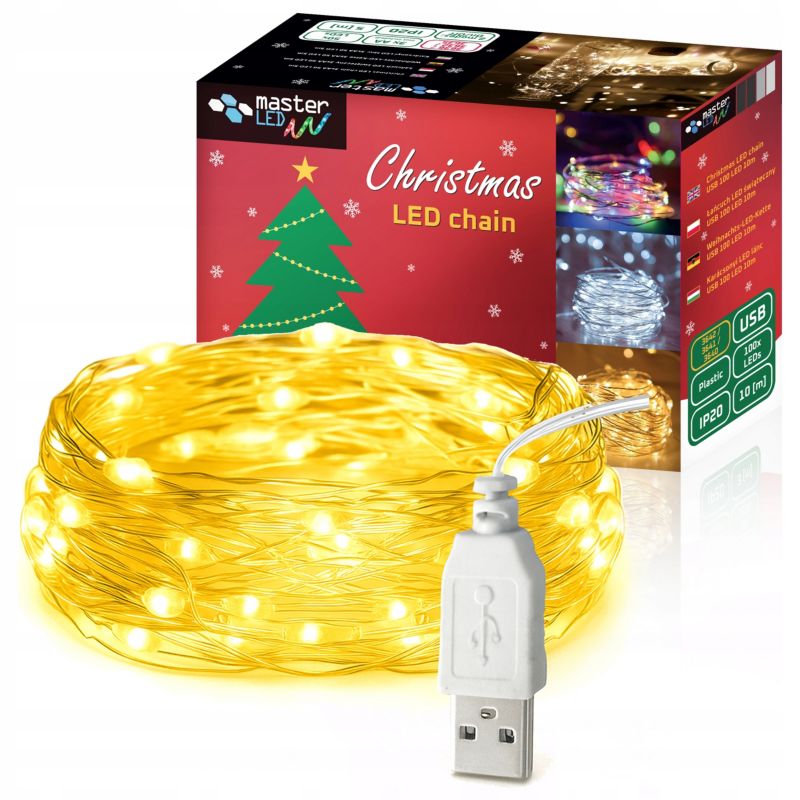 Łańcuch LED świąteczny MasterLED 2700K ciepła biel 10m 100 diod lampki oświetlenie zasilanie USB 1 szt.