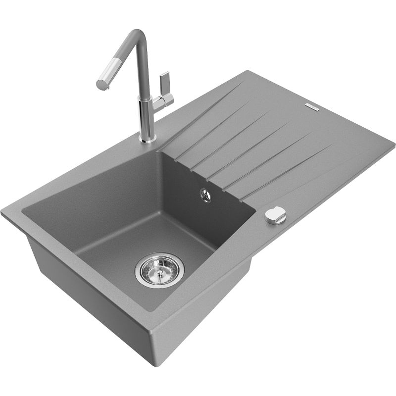 Zlewozmywak granitowy 1-komorowy Mexen Cesar z ociekaczem i baterią kuchenną Flora szary - 6514-71-670401-00 1 szt.