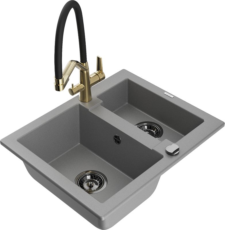 Zlewozmywak granitowy Mexen Carlos 1,5-komorowy z baterią kuchenną Duo szary 6518-71-671701-57-B