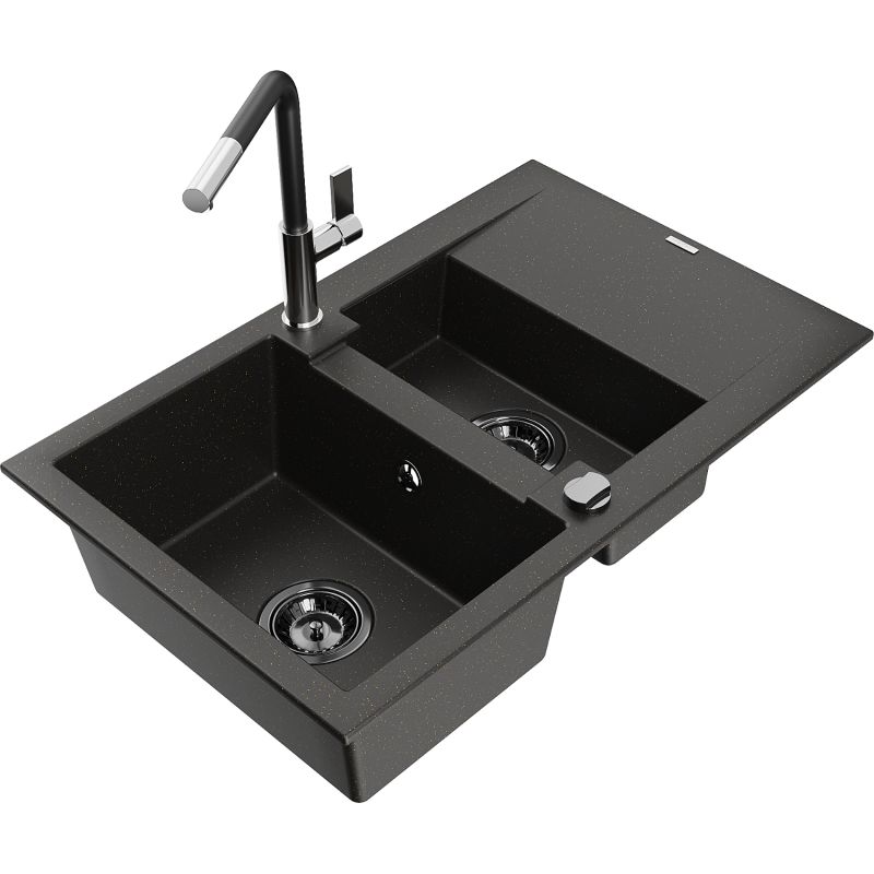 Zlewozmywak granitowy 1.5-komorowy Mexen Gaspar z ociekaczem i baterią kuchenną Flora czarny/złoty 6507-75-670401-07-B