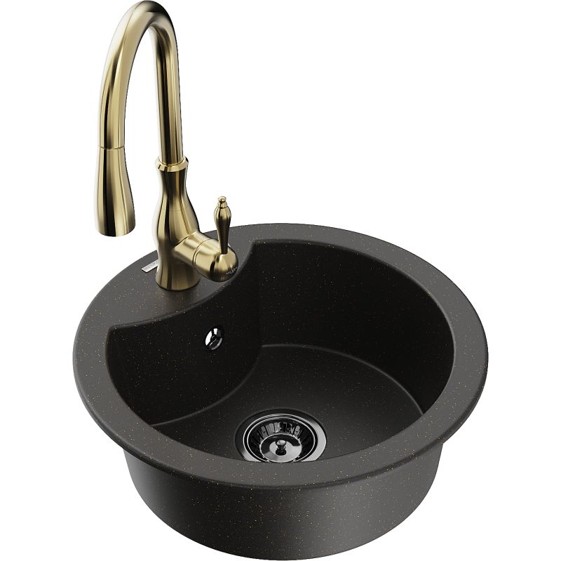 Zlewozmywak granitowy 1-komorowy Mexen Diego z baterią kuchenną Savita czarny/złoty metalik 6512-75-672601-50-B
