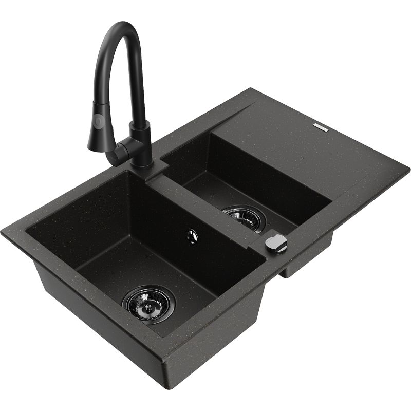 Zlewozmywak granitowy 1.5-komorowy Mexen Gaspar z ociekaczem i baterią kuchenną Elia szary - 6507-71-670101-71 1 szt.