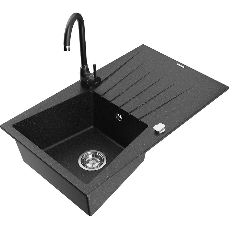 Zlewozmywak granitowy 1-komorowy Mexen Cesar z ociekaczem i baterią kuchenną Telma czarny/złoty - 6514-75-670200-70 1 szt.