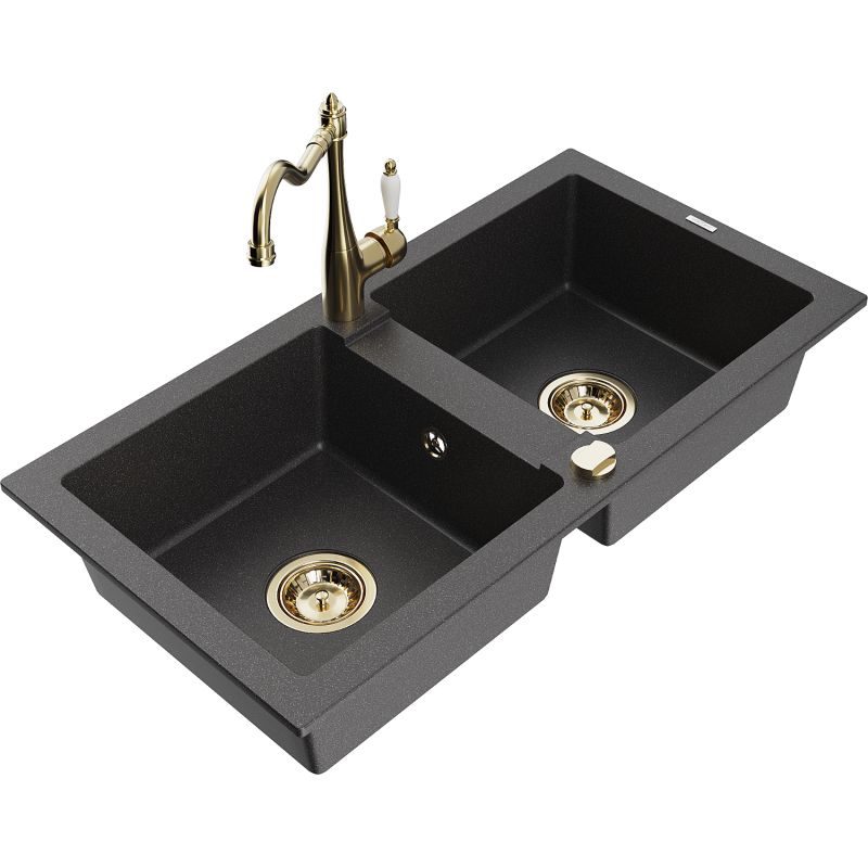 Zlewozmywak granitowy 2-komorowy Mexen Mario z baterią kuchenną Carla czarny nakrapiany 6504-76-670700-50