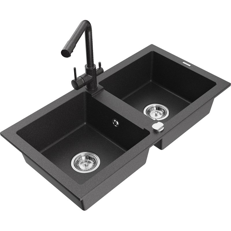 Zlewozmywak granitowy 2-komorowy Mexen Mario z baterią kuchenną Duero czarny/srebrny metalik - 6504-73-671600-70-B 1 szt.