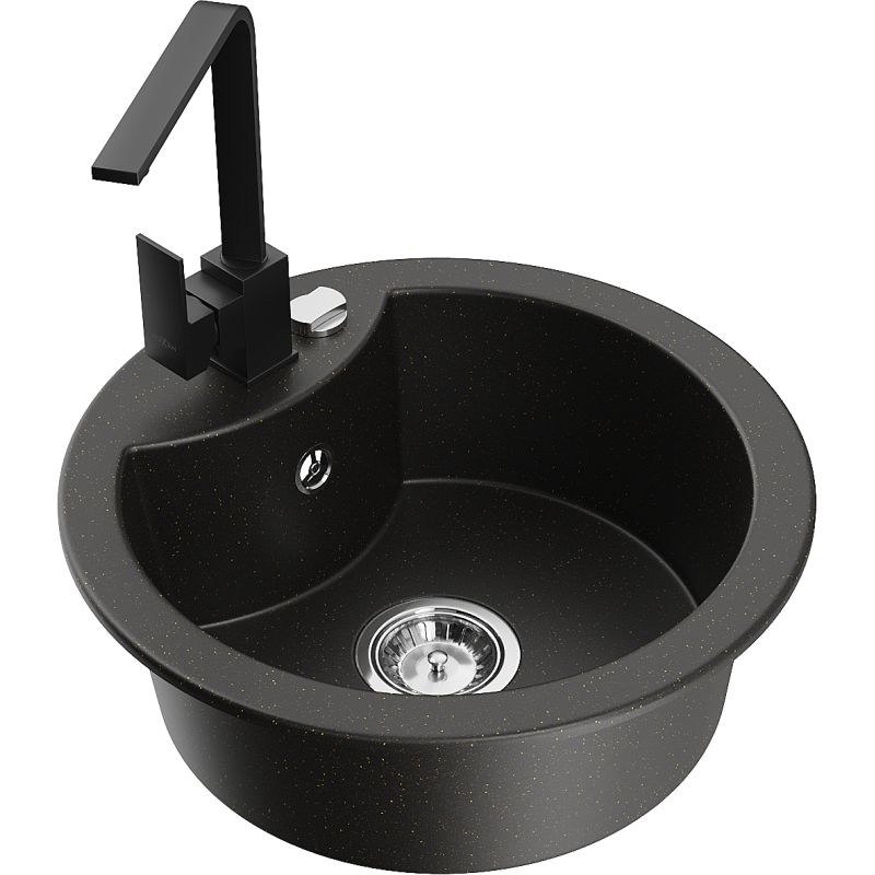 Zlewozmywak granitowy 1-komorowy Mexen Diego z baterią kuchenną Rita czarny/złoty metalik - 6512-75-670300-70-B 1 szt.