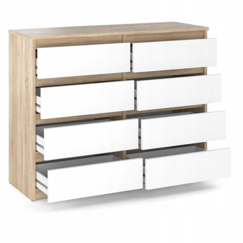 Duża Komoda Z 8 Szufladami Stiv-Meble Dąb Sonoma Biały Mat Szafka 120X33,5X92,5 Cm 1Szt.