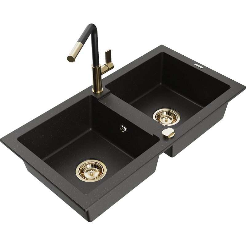 Zlewozmywak granitowy 2-komorowy Mexen Mario z baterią kuchenną Flora czarny/złoty metalik 6504-75-670401-57-G