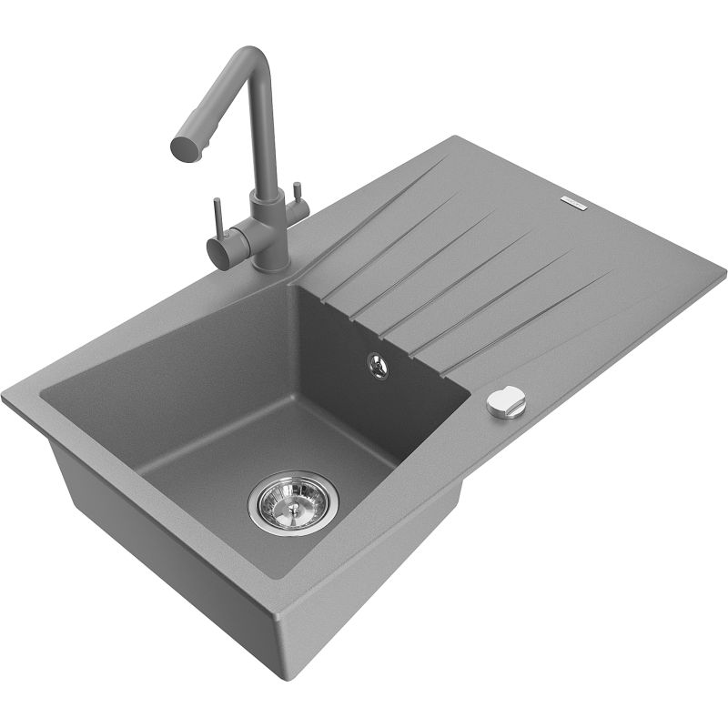 Zlewozmywak granitowy 1-komorowy Mexen Cesar z ociekaczem i baterią kuchenną Duero szary - 6514-71-671600-70 1 szt.