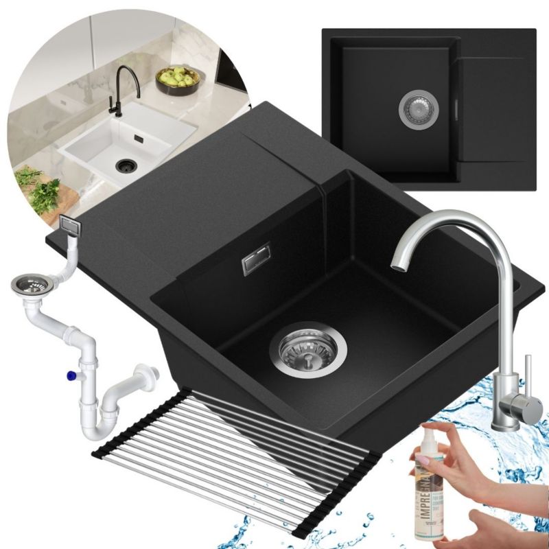 Zestaw zlewozmywak kuchenny GranMaster Modena 1komorowy z ociekaczem, impregnatem, syfon, roll matą, baterią, czarny metalik 1szt.