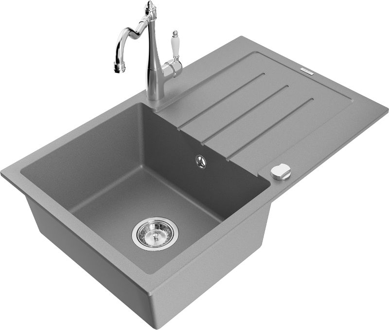 Zlewozmywak granitowy Mexen Bruno 1-komorowy z ociekaczem i baterią kuchenną Carla szary 6513-71-670700-00