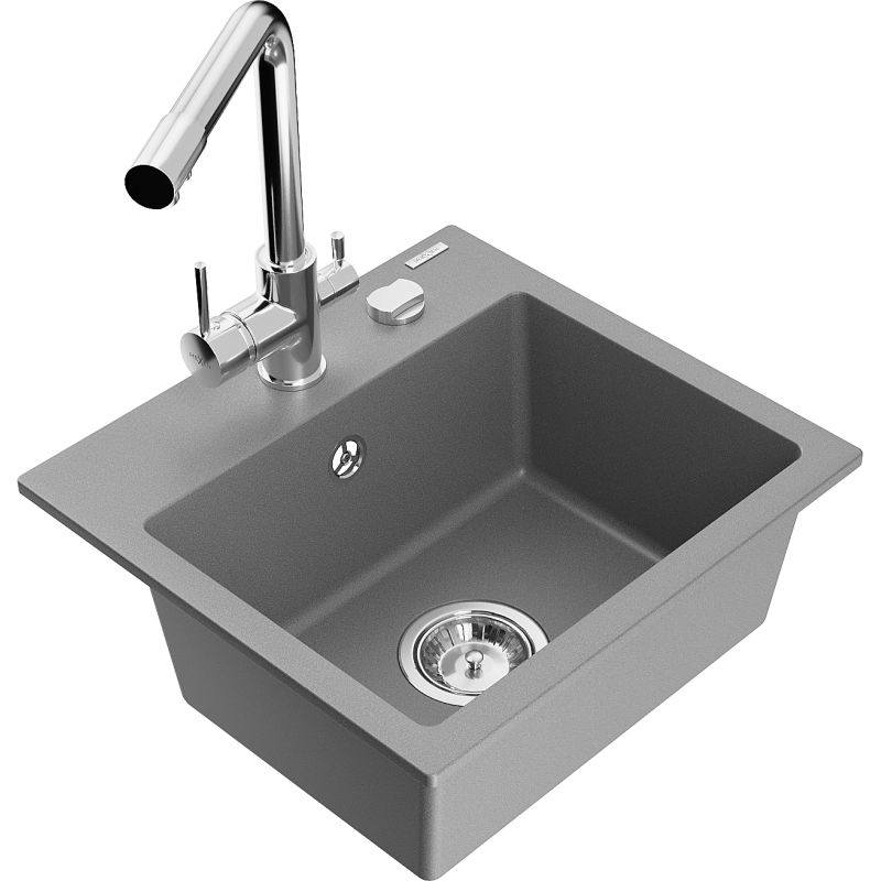 Zlewozmywak granitowy 1-komorowy Mexen Milo z baterią kuchenną Duero szary 6505-71-671600-00