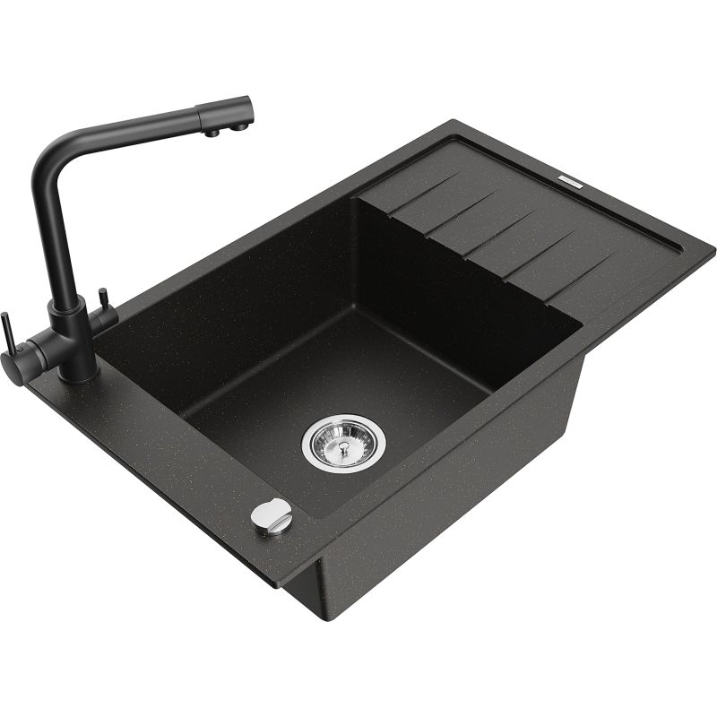 Zlewozmywak granitowy 1-komorowy Mexen Elias z ociekaczem i baterią kuchenną Duero szary - 6511-71-671600-71 1 szt.