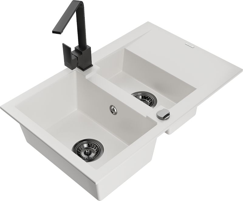 Zlewozmywak granitowy Mexen Gaspar 1,5-komorowy z ociekaczem i baterią kuchenną Savita beżowy - 6507-69-672601-00 1 szt.