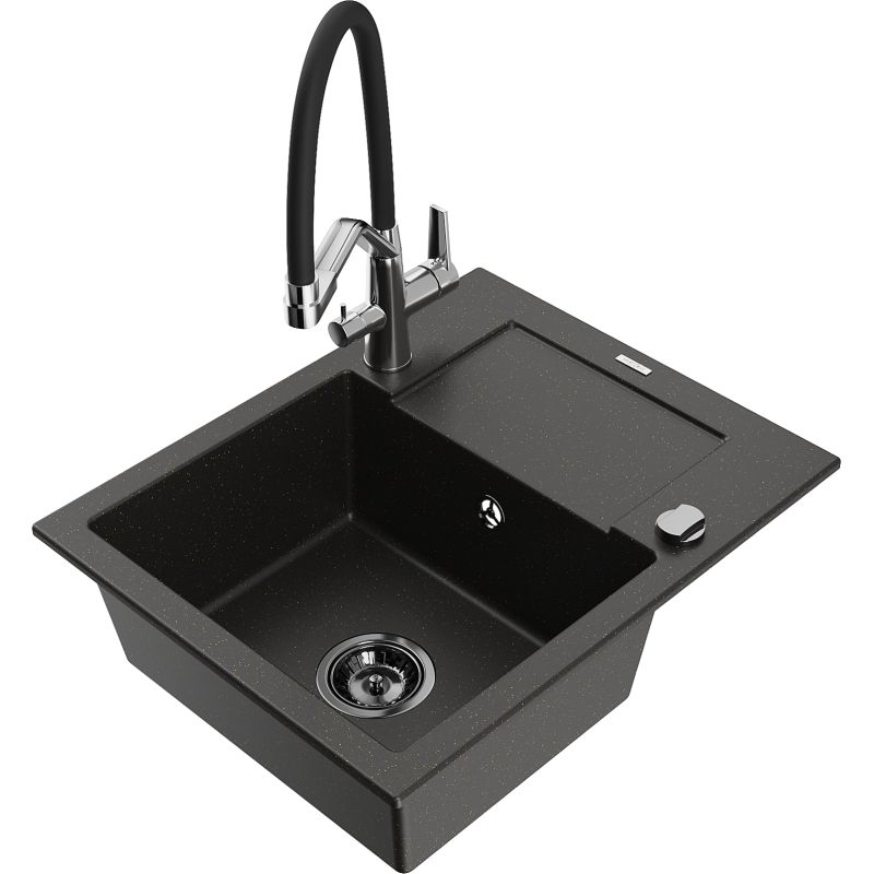 Zlewozmywak granitowy 1-komorowy Mexen Enzo z ociekaczem i baterią kuchenną Duo czarny/złoty metalik 6506-75-671701-07-B