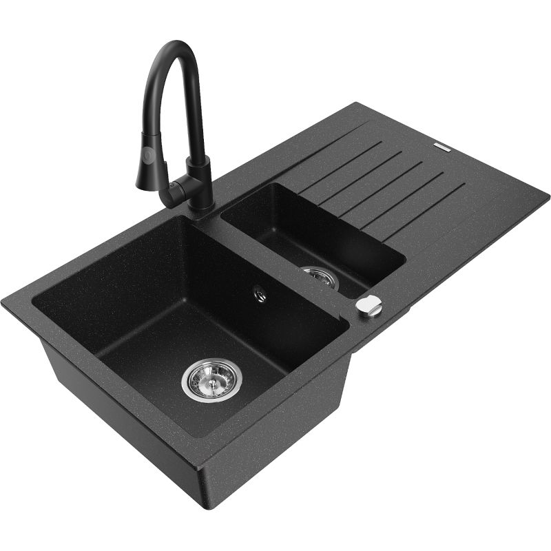 Zlewozmywak granitowy 1.5-komorowy Mexen Matias z ociekaczem i baterią Elia czarny/złoty metalik - 6502-75-670101-70-B 1 szt.