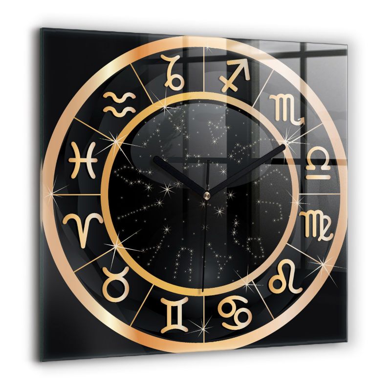 Zegar szklany czarne wskazówki Wallfluent 60x60 cm Czarne znaki zodiaku 1 szt.