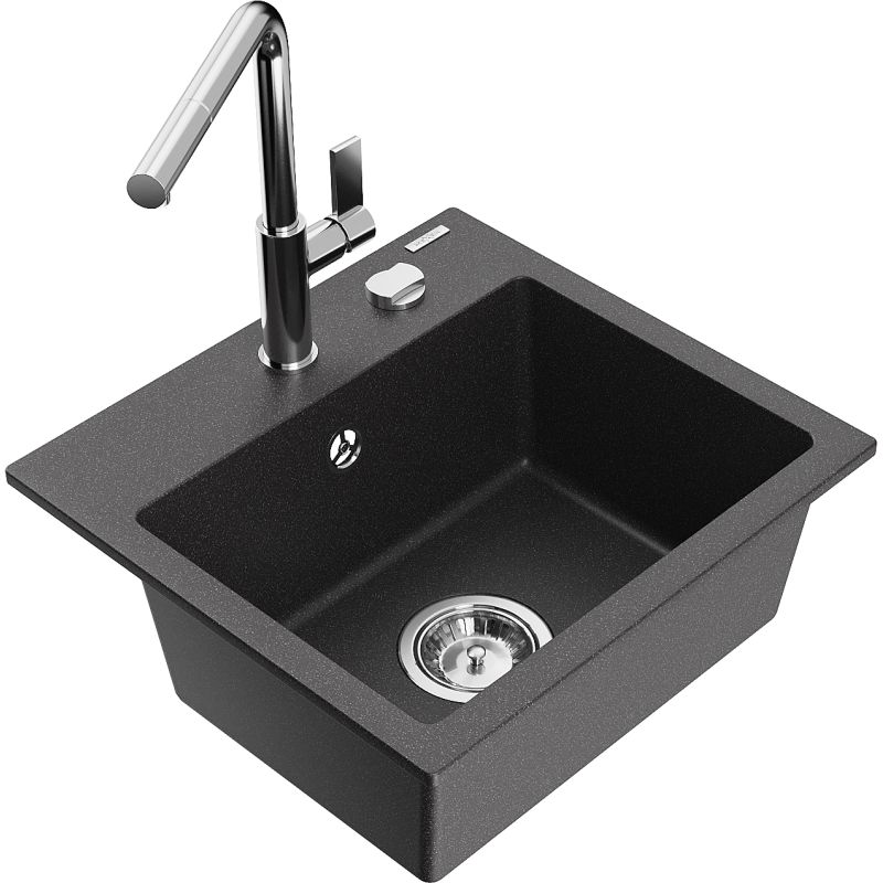 Zlewozmywak granitowy 1-komorowy Mexen Milo z baterią kuchenną Flora czarny nakrapiany 6505-76-670401-00