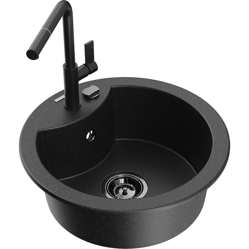 Zlewozmywak granitowy 1-komorowy Mexen Diego z baterią kuchenną Flora czarny/złoty metalik - 6512-75-670401-70-B 1 szt.