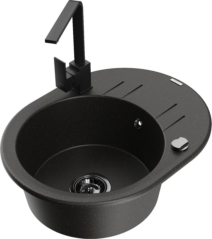 Zlewozmywak granitowy Mexen Kevin 1-komorowy z ociekaczem i baterią kuchenną Savita czarny - 6517-76-672601-00 1 szt.