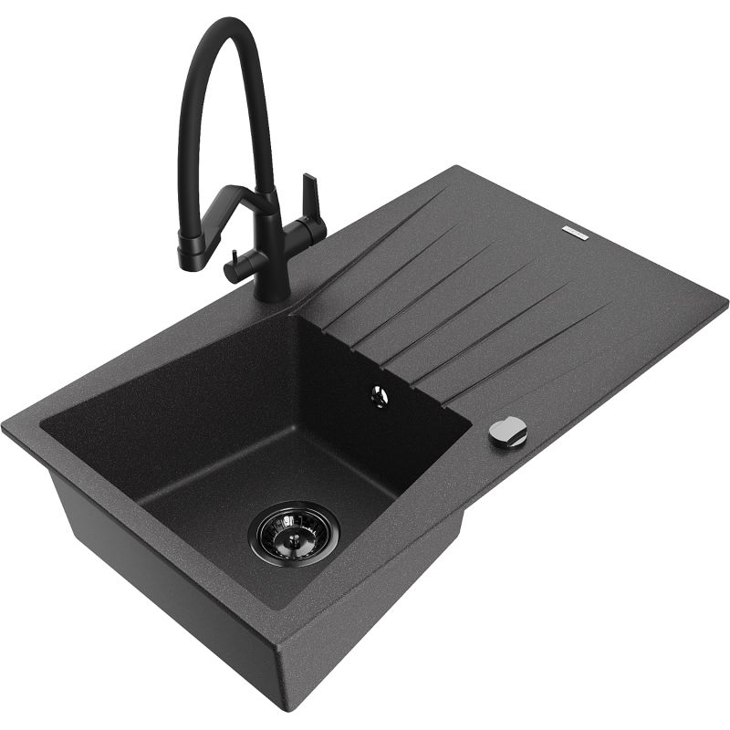 Zlewozmywak granitowy 1-komorowy Mexen Cesar z ociekaczem i baterią Duo czarny/srebrny metalik - 6514-73-671701-70-B 1 szt.