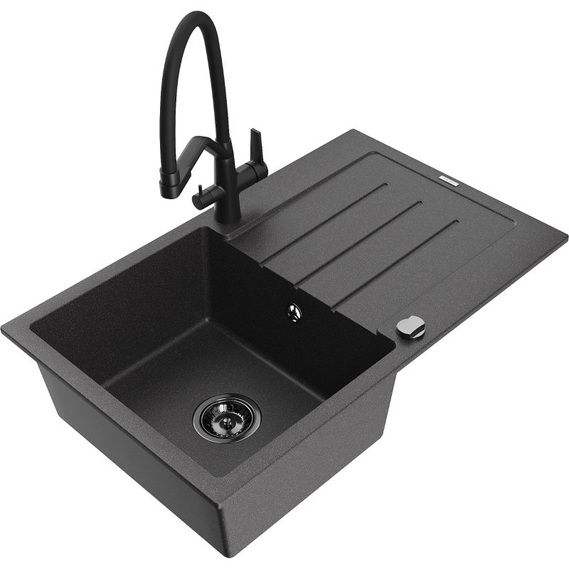 Zlewozmywak granitowy 1-komorowy Mexen Bruno z ociekaczem i baterią Duo czarny/złoty metalik - 6513-75-671701-70-B 1 szt.