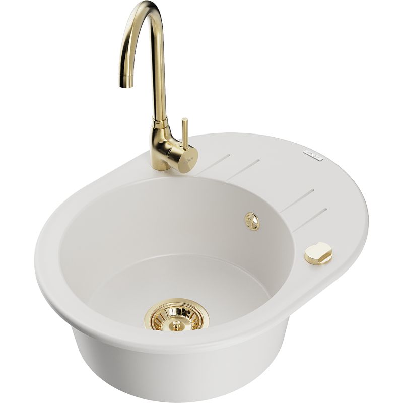 Zlewozmywak granitowy 1-komorowy Mexen Kevin z ociekaczem i baterią kuchenną Telma biały 6517-20-670200-50